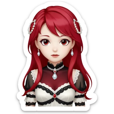 Beautiful shiny ethereal Gorgeous Anime Lady with dark hair and red hair streaks with a beautiful white silky lace dress and rubies and onyx gems  sticker
