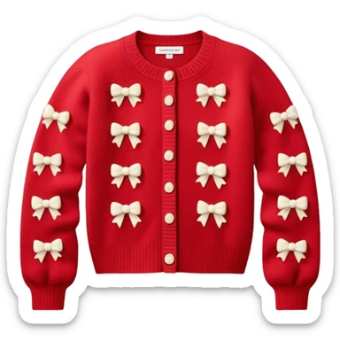 red cashmere cardigan with 8 tiny ivory bows all over front and sleeves, realistic 3d isolated, soft texture sticker