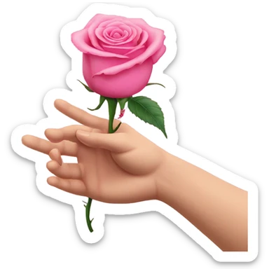 An image of a hand holding a pink rose, with a thorn piercing the skin, showing , symbolizing the pain of beauty or love sticker