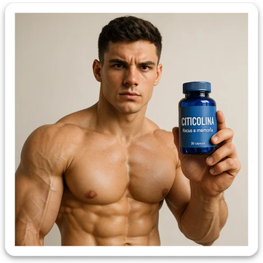 hyper realistic young bodybuilder holding a blue bottle labeled 'Citicolina' with Italian text 'Focus e memoria', sculpted muscles, focused expression, motivational atmosphere, light background sticker