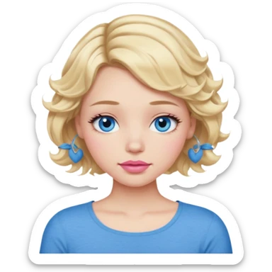 Girl Blonde short wavy hair,  blue eyes, cute blue top, long lashes, pink lips, sleeping sticker
