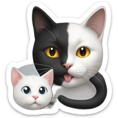 A white cat is licking a black cat sticker