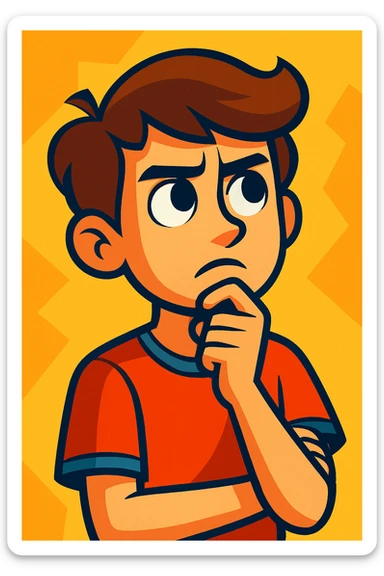 brown-haired adolescent with white skin, hand on chin, analytical gaze, vibrant style sticker