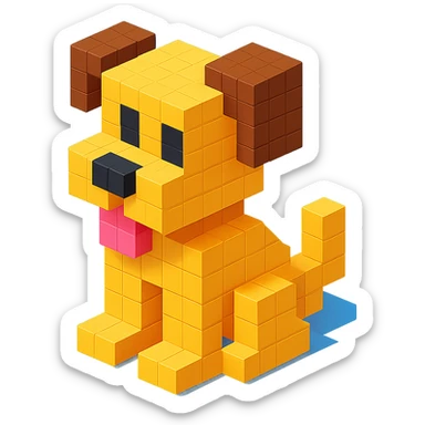<SystemPrompt>
                <Style>
                  <Name>Voxel Emoji Art</Name>
                  <Description>A playful, isometric voxel style that mimics pixel art in 3D, commonly used for emojis, UI icons, and symbols. Rendered with bright, vibrant colors and no shadows.</Description>
                  <VisualRules>
                    <Geometry>
                      <BaseUnit>Cube</BaseUnit>
                      <GridAlignment>Isometric</GridAlignment>
                      <VoxelSize>Consistent</VoxelSize>
                    </Geometry>
                    <Color>
                      <Palette>Vivid and High Saturation</Palette>
                      <Gradient>Allowed on faces for subtle lighting</Gradient>
                    </Color>
                    <Lighting>
                      <Style>Soft studio lighting</Style>
                      <Shadows>Subtle ambient shadows</Shadows>
                    </Lighting>
                    <Detailing>
                      <Outline>None</Outline>
                      <Texture>Flat color (no texture noise)</Texture>
                      <Effects>None</Effects>
                    </Detailing>
                  </VisualRules>
                </Style>
                <Generation>
                  <PromptTemplate>
                    <![CDATA[
                      Render a voxel-style 3D illustration of a {subject}, using bright colors and blocky pixelated geometry. The object should appear playful and clean, similar to emoji aesthetics, with no shadows and no outlines. Lighting should enhance the 3D depth without harsh contrast.
                    ]]>
                  </PromptTemplate>
                </Generation>
              </SystemPrompt>
              {subject} = dog sticker