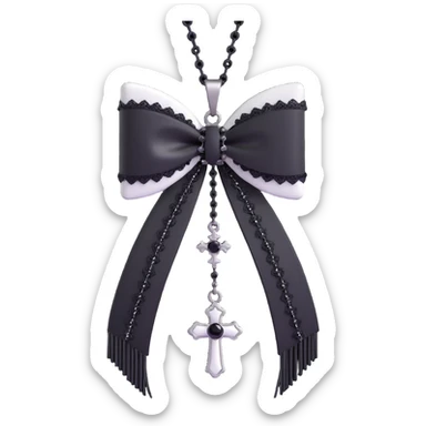 3D emoji gothic bow, white satin, silver cross charm, black lace trim, black gemstone, black chain fringe sticker