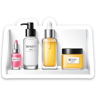big long white shelf with one serum bottle labeled beauty brand and big sticky note sticker