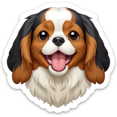 Cinematic Cute Yawning Tri-Colour Cavalier King Charles Spaniel Portrait Emoji, Head tilted slightly with a dramatic, wide-open yawn, soft tri-colour fur with balanced black, white, and tan markings, floppy ears slightly drooping, round brown eyes barely open in drowsy contentment, Simplified yet irresistibly adorable features, highly detailed, glowing with a soft, cozy glow, high shine, relaxed yet expressive, stylized with a touch of whimsy, bright and endearing, soft glowing outline, capturing the essence of a sleepy yet affectionate companion, so drowsy it feels like it could stretch right out of the screen and curl up for a nap! sticker