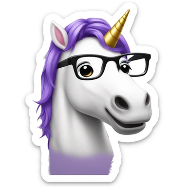 purple hair unicorn with black glasses and a light bulb sticker