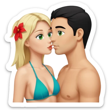 Blonde Queen with crown Green eyes blue Bikini whole body Kissing man black Hair  sticker