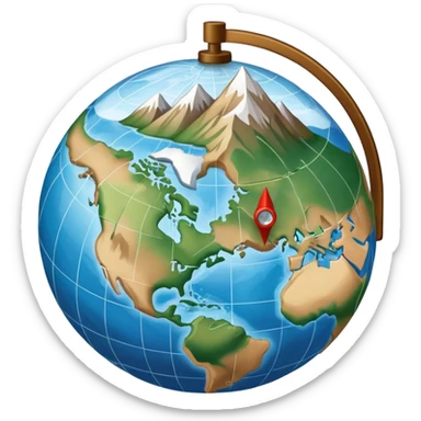 an icon featuring a globe with latitude and longitude lines, a textbook, and a topographic map, symbolizing geography as a science. The design includes a compass, mountain ranges, and rivers, representing the study of Earth's features and landscapes. Transparent background highlights geography. sticker