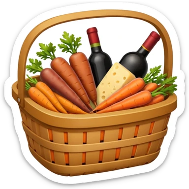 food basket with carrots, wine, sausages, cheese, simple and clear, emoji style sticker