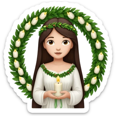  saint lucia with dark brown hair with a white gown and a wreath made from greenery and candles on top of it sticker