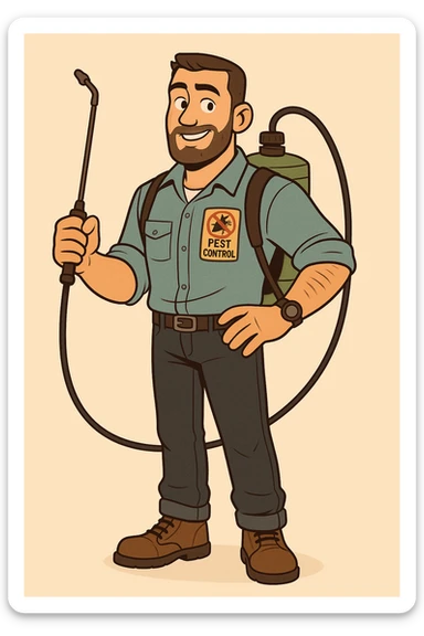 A friendly male pest control technician with short beard and short hair, wearing a light blue uniform shirt with rolled-up sleeves, dark jeans, brown boots, and a black wristwatch. He has a patch on his chest with a colorful anti-pest logo (insects crossed out) and the words 'PEST CONTROL'. He carries a green fumigation tank on his back with a black hose and holds the spray wand in one hand. He has a confident and approachable expression. The illustration should use bold outlines, warm colors, and clean, flat shading style. The background should be simple or light beige, in a cartoon style. sticker