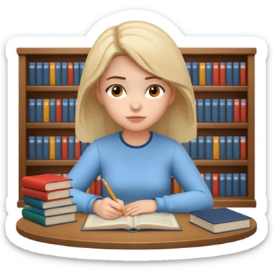 3D emoji style sticker, young woman, white background, sitting at a table with books and a notebook, calmly studying, thoughtful and slightly serious expression, slow focused learning mood, casual outfit, soft lighting, minimalistic, clean astrology emoji style sticker
