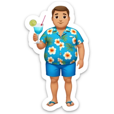 chubby guy full figure in a flowered azure havai shirt, brown shorts and flippers holding a cocktail sticker