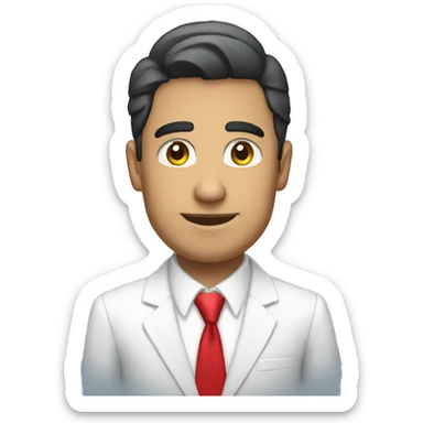 Hispanic man wearing white shirt and blue suit, red tie. Salesman  sticker