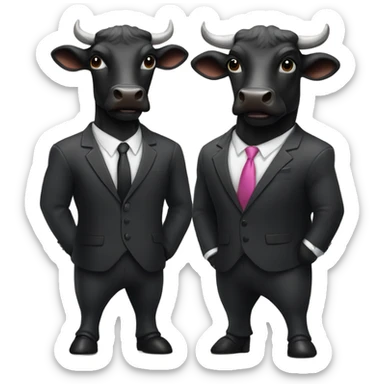 A black bit bull in a suit and a smaller one with a tu tu sticker
