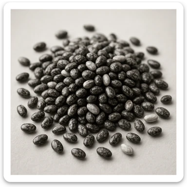 chia seeds, photorealistic, black and white seeds, close-up view, light background sticker