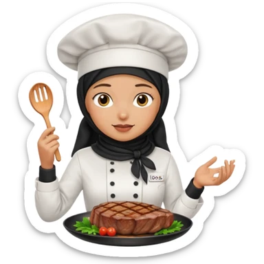 chef woman with black hijab cooking steak sticker