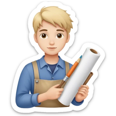 young apprentice painter with roll of drawings,  sticker