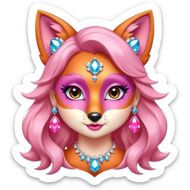 glamorous fox portrait, head and shoulders only, exaggerated pink makeup, bright eyeshadow, long eyelashes, shiny blush cheeks, sparkling face gems, glitter accents, elegant earrings, fantasy beauty style, cute 3D cartoon, mobile game icon style, clean background, no text, no watermark
 sticker