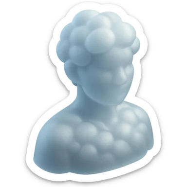 person from shoulders up, facing straight, fully composed of white fluffy convex clouds, no shadows, matte glass style sticker