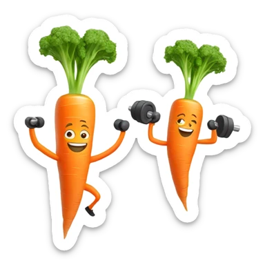 Generate an energetic carrot emoji wearing a sweatband, lifting tiny dumbbells, and looking motivated. sticker