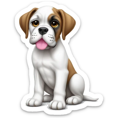 Sitting white boxer puppy with pink nose sticker
