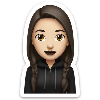 White skin Girl with middle part really long straight dark brown hair, lashes,dark brown eyes, brown lipstick, wearing black hoodie sticker