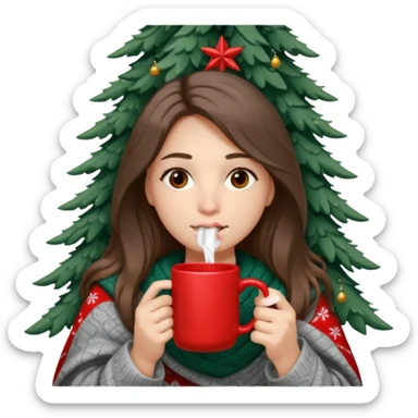 Brown eyes, fair skin, hooked nose, full lips, long hair down to her shoulders, wrapped in a gray blanket, drinking from a red mug with a Christmas tree sticker