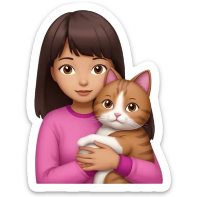 beautiful woman with dark brown straight hair and bangs, brown eyes wear a pink clothes and hugs a cute chubby cat sticker