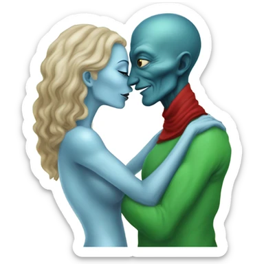 Beatiful tall blue skin woman extraterrestial reptilian 47 years old in red dress, kissing white man in green dress, real photo, real photo realism, full figure, full body sticker