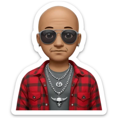 bald mexican cholo with black oakley sunglasses a silver necklace witth h engraved on emblem and flannel shirt sticker