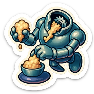 hovering robot. stuffs material into large hole on its top with 2 arms. no head. hole is where a head would be. spinning gears and blades in hole grind material.  3/4 view. between realism and cartoon. well lit. no dramatic lighting. metallic shiny robot. works diligently. drake humor sticker
