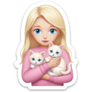 A girl with blue eyes and blonde hair in a pink sweater holds a white kitten in her arms sticker