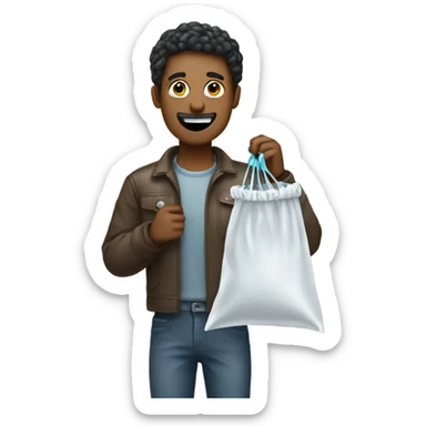 Guy holding floss and a plastic bag sticker