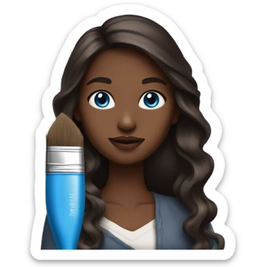 woman with blue eyes and long dark brown wavy straight hair holding a paint brush sticker