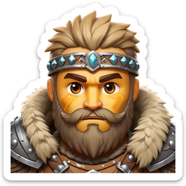 Clash of Clans style: Cinematic Rugged Barbarian Portrait Emoji, Intense and formidable with a stylized build, a rugged beard and expressive eyes, adorned in playful, battle-worn furs and cartoonish armor with tribal markings, Simplified yet powerfully detailed features, highly detailed, glowing with a deep, adventurous energy, high shine, spirited and determined, stylized with an air of raw, untamed power, soft glowing outline, capturing the essence of a barbarian warrior ready to lead epic quests! sticker
