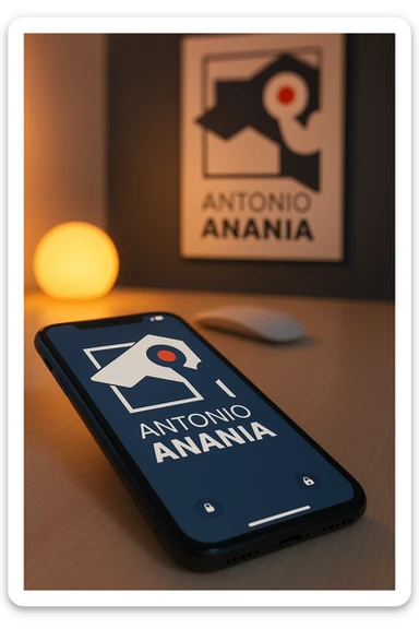 A photo of an iPhone on the desk with the logo of "Antonio Anania" on its screen, The phone sits atop a desk with a blurred with the logo in the background that suggests work environment. A faint glow from above casts gentle shadows across the surface of each object, creating depth and highlighting their textures sticker