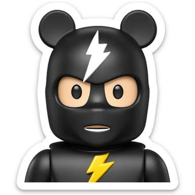 bearbrick toy wearing a black balaclava with a lightning bolt logo symbol on it sticker