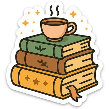 A cute stack of books with a cozy and magical vibe, each book bound in soft, harmonious colors: golden orange (FA9B41), forest green (4A7C5C), warm taupe brown (96775A), and pastel peach (FFCC9A). The books are slightly worn with rounded corners and decorative covers featuring tiny stars, floral motifs, or whimsical patterns. A ribbon bookmark peeks out from one, and a small cup of tea or magical trinket rests on top of the stack. The lighting is warm and gentle, with a dreamy, storybook feel. The overall scene feels inviting, charming, and gently enchanted. sticker
