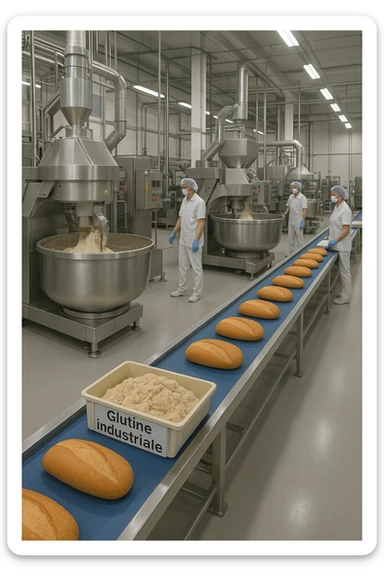 a modern food processing factory interior, with large stainless steel machines mixing and kneading dough. In the foreground, a conveyor belt carries loaves of bread and trays of raw gluten, labeled “Glutine industriale” Workers in uniforms and hairnets monitor the process. The atmosphere is clean, efficient, and slightly clinical. sticker