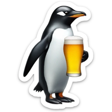 Humanoid penguin with beer sticker