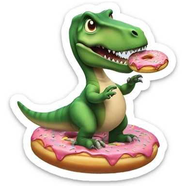 t rex riding a donut like a skateboard while eating a mini cheese pizza sticker