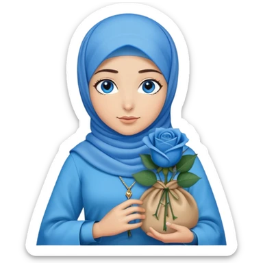 Turkish beautiful finish Konya girl blue eyes with blue hijab islamic dress and had on her hand blue rose bag sticker