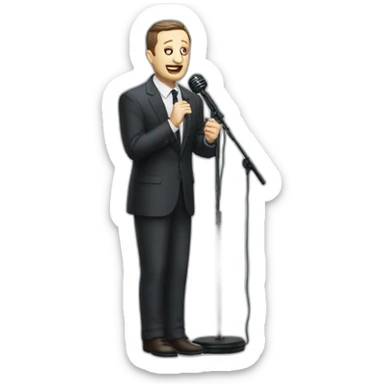 tim robinson in suit singing into microphone stand holding stand (full body, ios17, somber) sticker