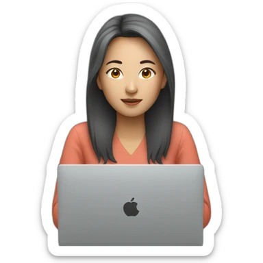asian woman behind gray laptop sticker