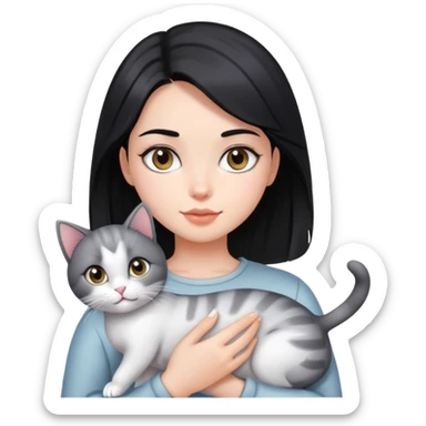 A beautiful black-haired girl holding a silver-colored cat sticker