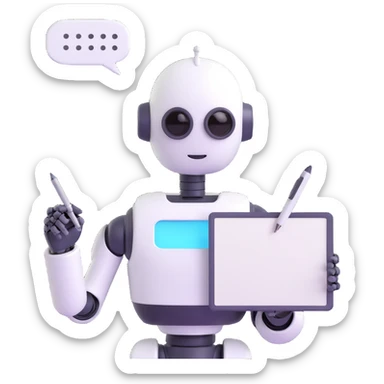 emoji fusion of a friendly humanoid robot holding a pen, a hand writing on paper or screen, and a speech bubble with dots coming from the robot's head or mouth, symbolizing an AI that writes and communicates reflectively and empathetically with human-like expression sticker