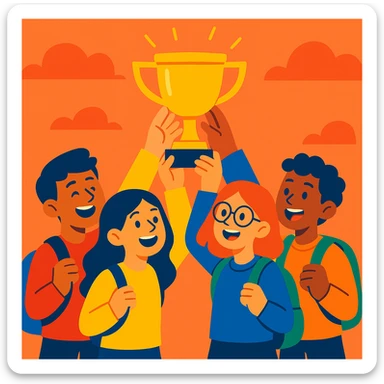 four students lifting a trophy, warm atmosphere, modern illustration style, bright colors sticker